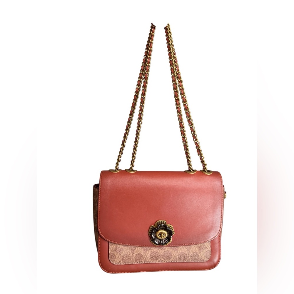 Coach Red and Brown Shoulder Bag with Gold Chain